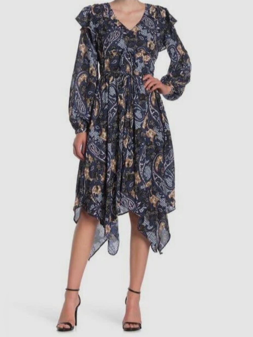 Walter Baker Angelo Asymmetric Ruffle Trim Paisley Crepe Dress Size 8 Navy
